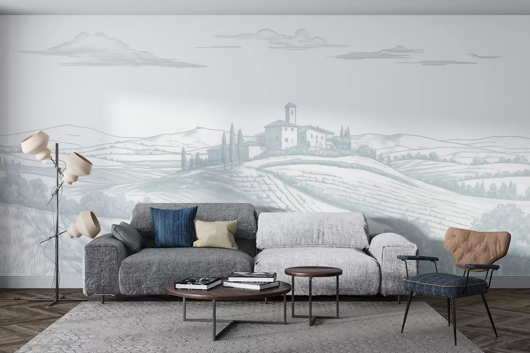 murais de parede Paisagens da Toscana, Itália, vinhas, natureza, castelo antigo, cores azuis w03349v1