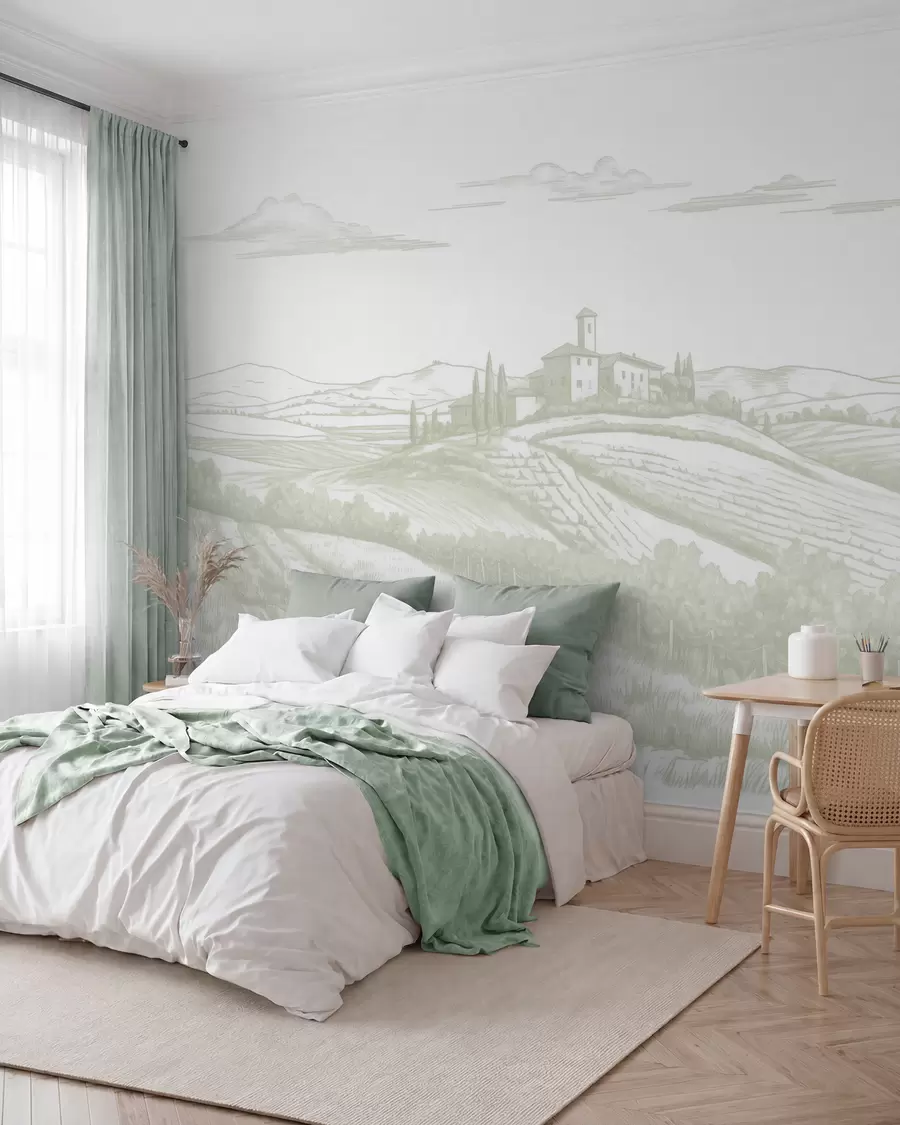 murais de parede Paisagens da Toscana, Itália, vinhas, natureza, castelo antigo, cores verdes w03349v2
