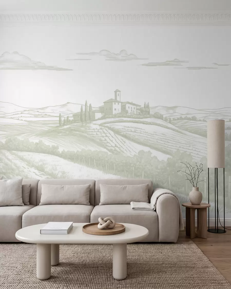 murais de parede Paisagens da Toscana, Itália, vinhas, natureza, castelo antigo, cores verdes w03349v2