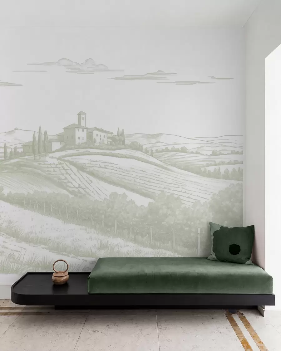 murais de parede Paisagens da Toscana, Itália, vinhas, natureza, castelo antigo, cores verdes w03349v2