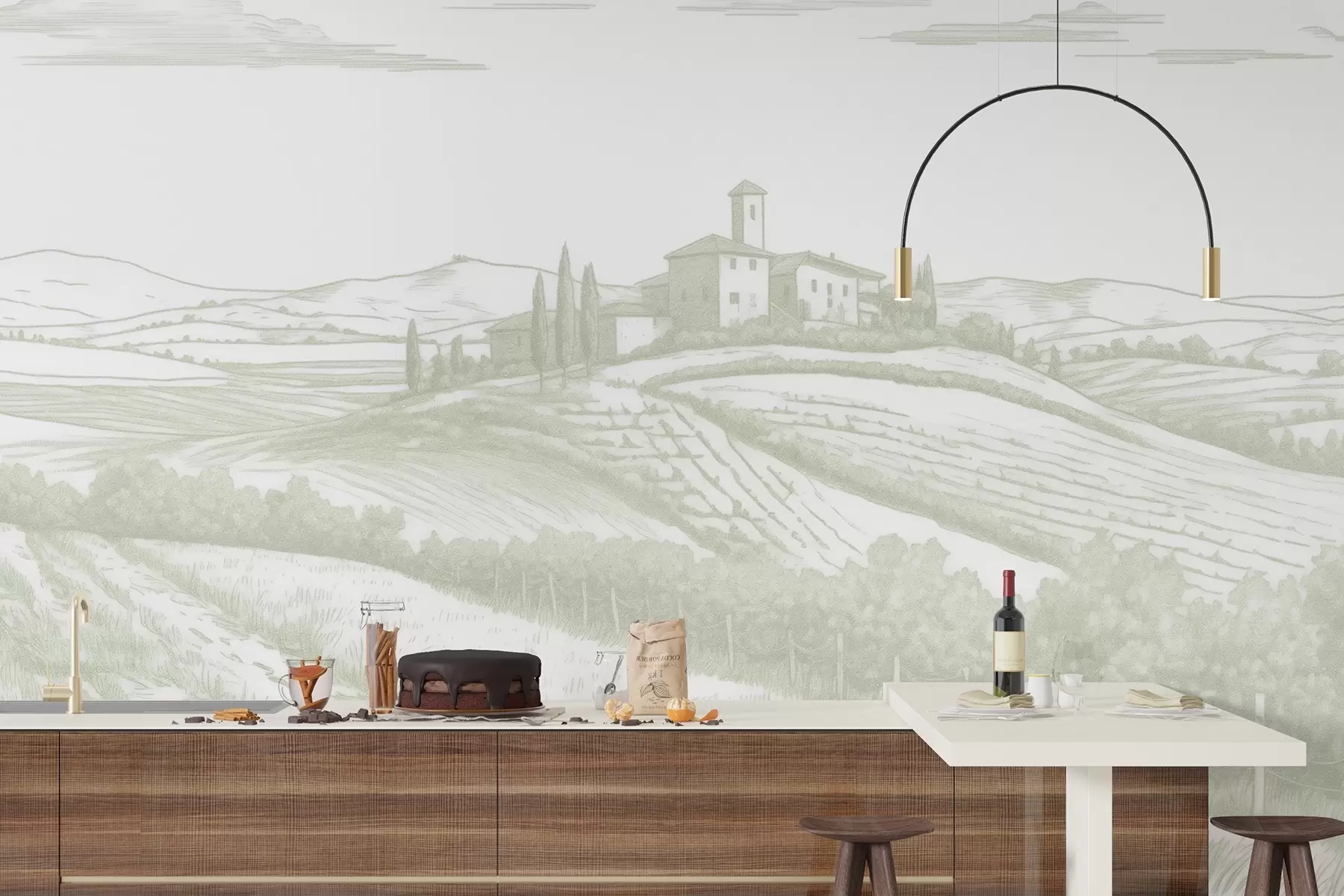murais de parede Paisagens da Toscana, Itália, vinhas, natureza, castelo antigo, cores verdes w03349v2