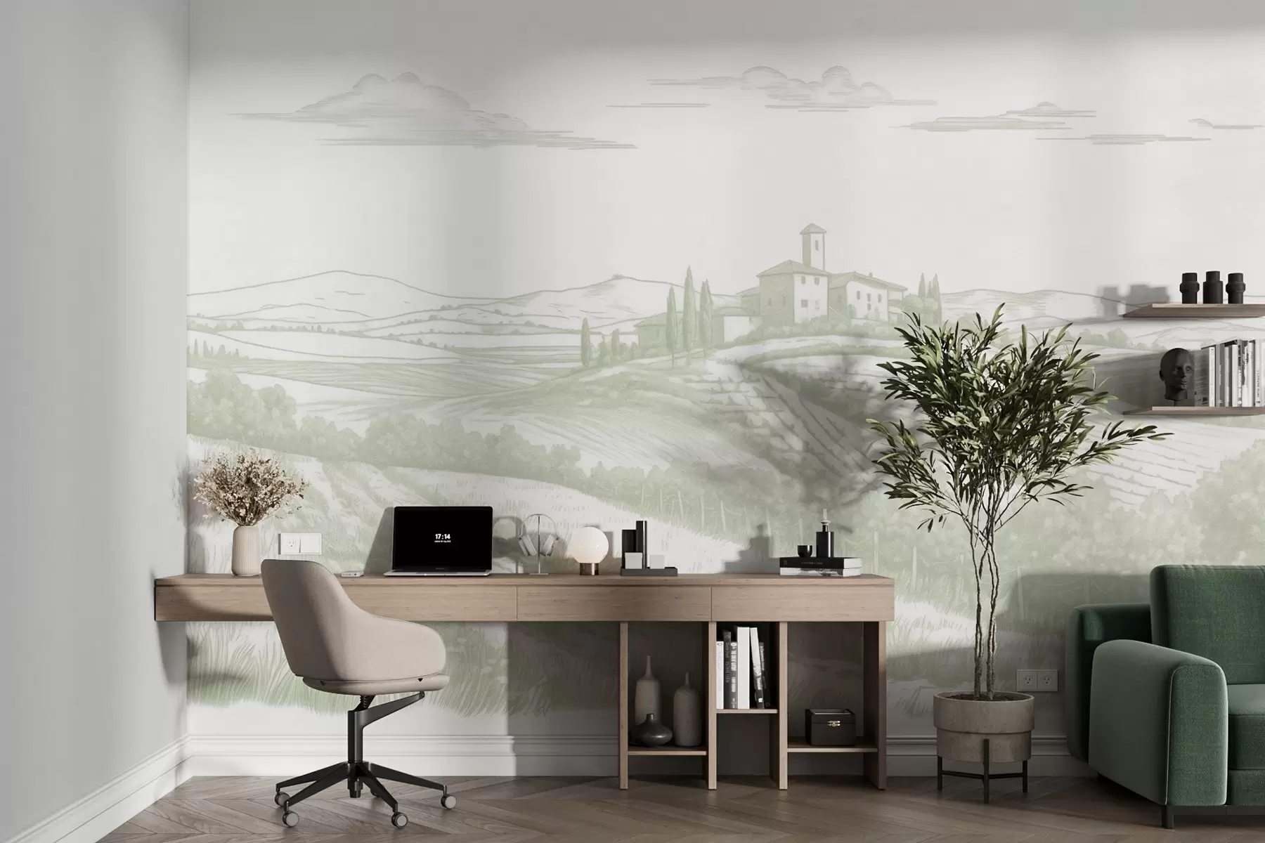 murais de parede Paisagens da Toscana, Itália, vinhas, natureza, castelo antigo, cores verdes w03349v2