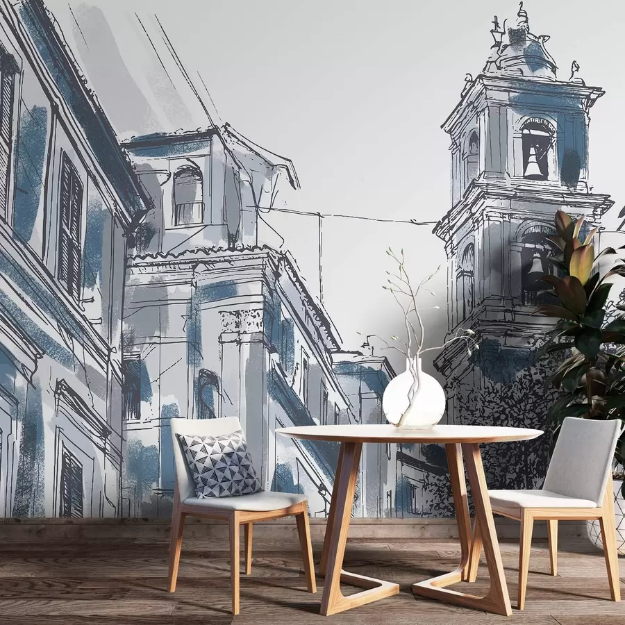 murais de parede Rua da cidade mediterrânica, capela, arquitetura, cores cinzentas e azuis w03350