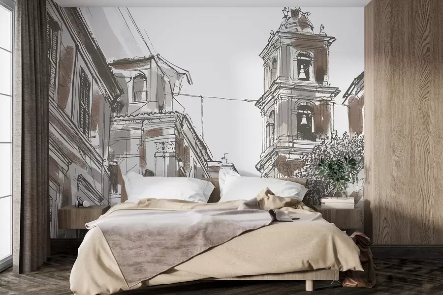 murais de parede Rua de cidade mediterrânica, capela, arquitetura, cores bege e castanho w03350v1