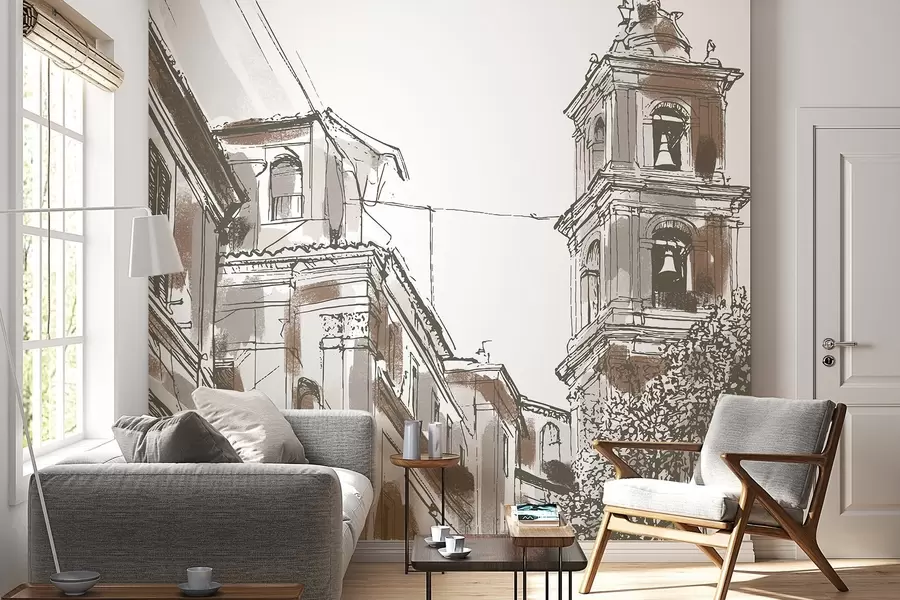 murais de parede Rua de cidade mediterrânica, capela, arquitetura, cores bege e castanho w03350v1