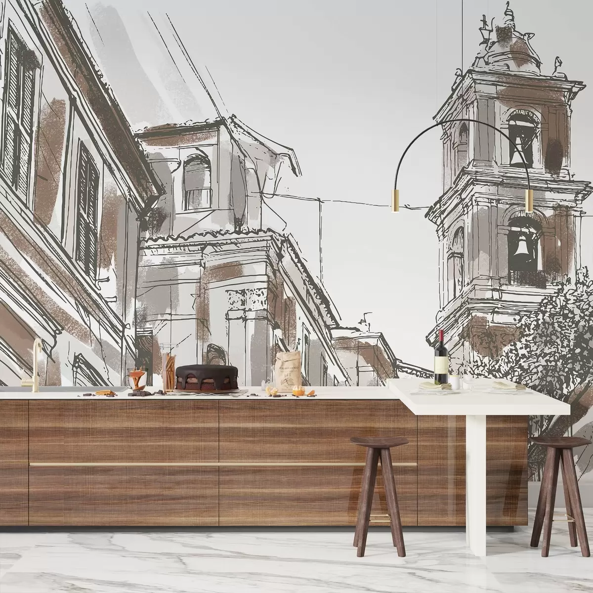 murais de parede Rua de cidade mediterrânica, capela, arquitetura, cores bege e castanho w03350v1