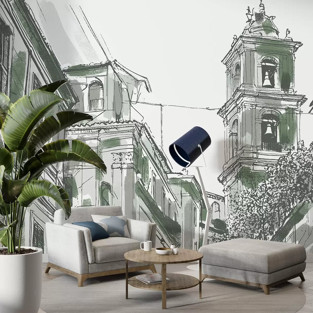 murais de parede Rua da cidade mediterrânica, capela, arquitetura, cores cinzentas e verdes w03350v2