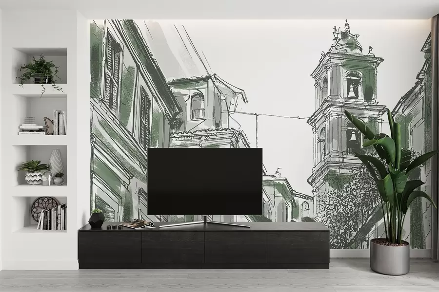murais de parede Rua da cidade mediterrânica, capela, arquitetura, cores cinzentas e verdes w03350v2