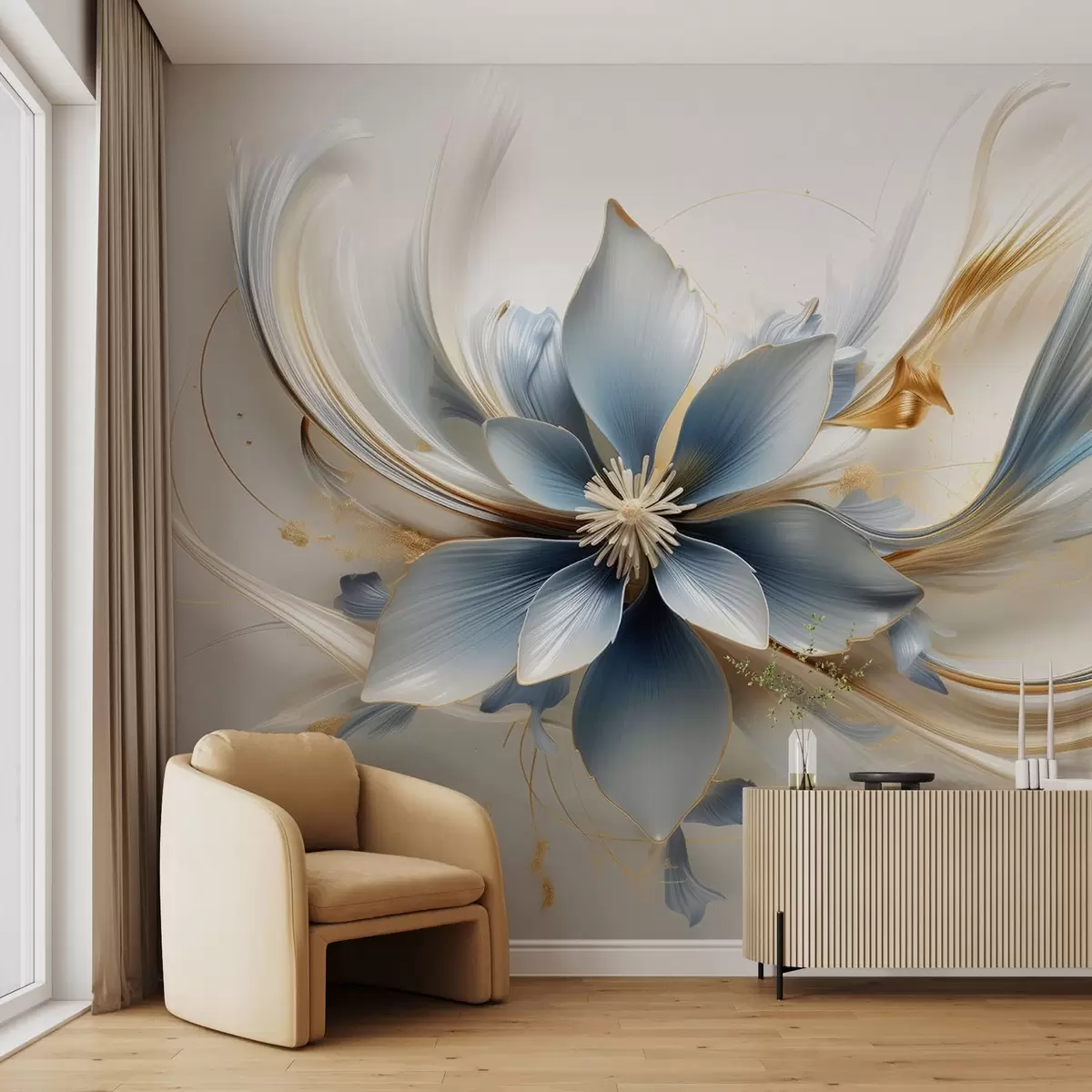 murais de parede Grande flor azul com linhas abstractas w08903