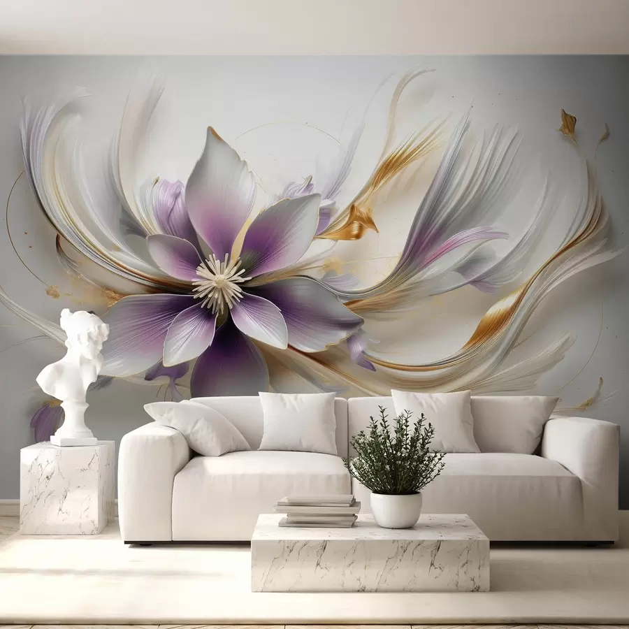 murais de parede Grande flor lilás delicada com linhas abstractas w08903v1