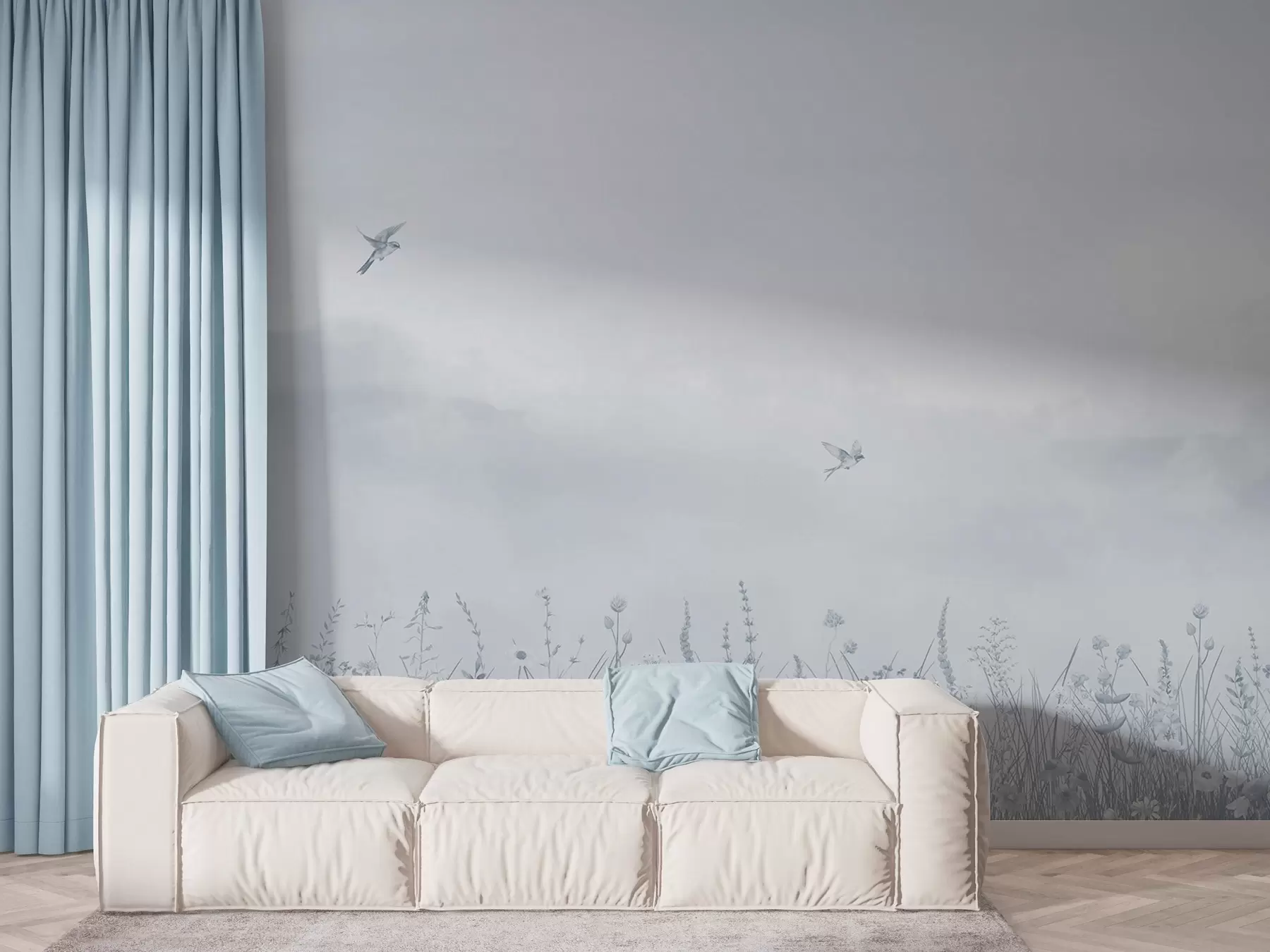 murais de parede Flores silvestres e céu enevoado em tons azuis w03391v1