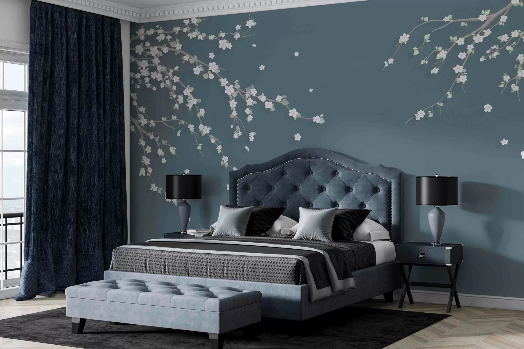 murais de parede Ramo florido no fundo de uma parede em estilo grunge azul w03393v1