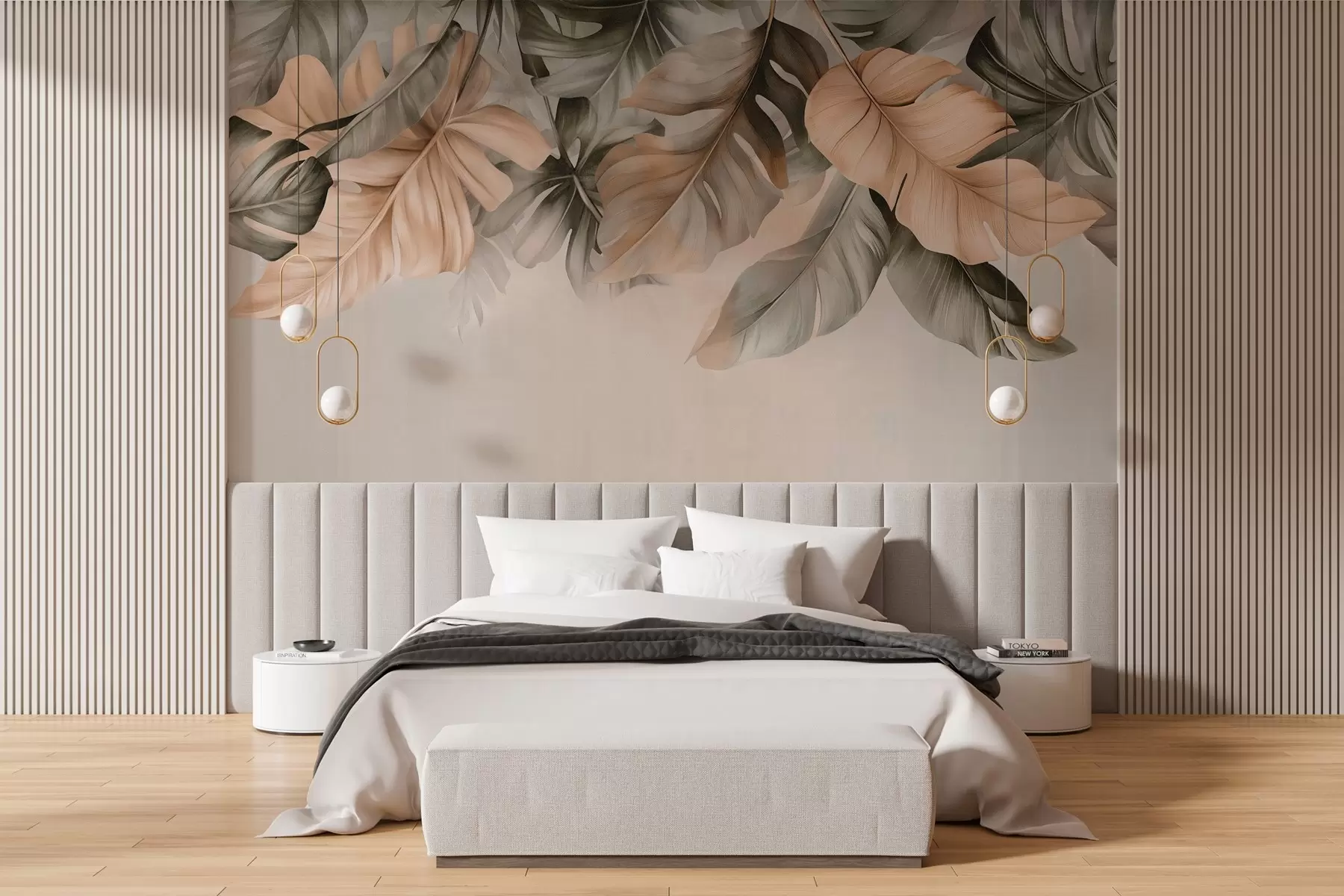 murais de parede Folhas tropicais penduradas no topo, sobre um fundo texturado w03290