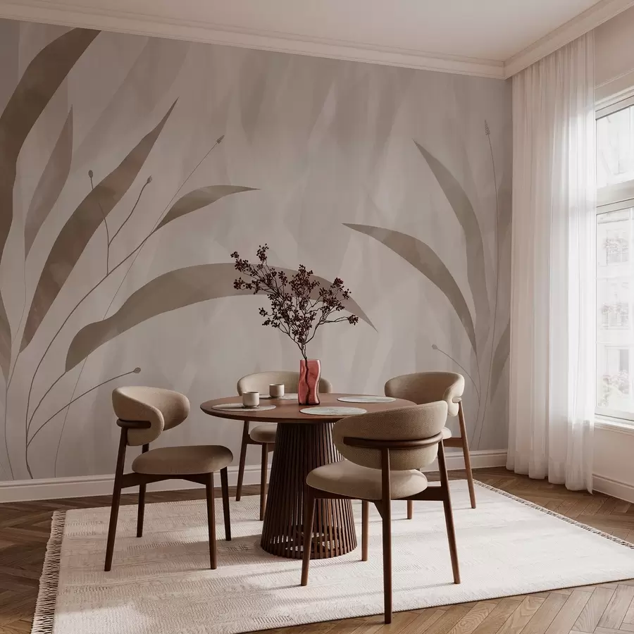 murais de parede Estilo ecológico, plantas sobre um fundo heterogéneo texturado em tons de bege w03394