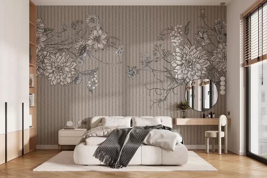 murais de parede Flores gráficas sobre um fundo mate em tons de bege w03395