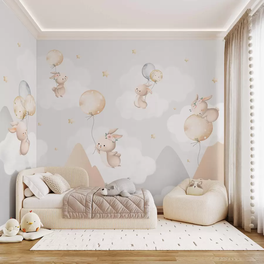 murais de parede Coelhinhos com balões em nuvens entre picos de montanhas w03375v1