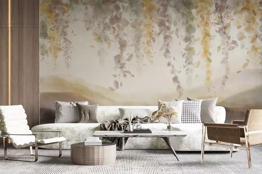 murais de parede Folhas de glicínias penduradas sobre montanhas azuladas, cores pastel suaves de amarelo e castanho, paisagem em estilo aguarela w08909v1