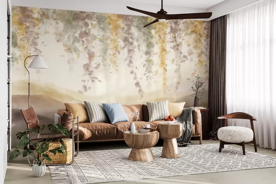 murais de parede Folhas de glicínias penduradas sobre montanhas azuladas, cores pastel suaves de amarelo e castanho, paisagem em estilo aguarela w08909v1