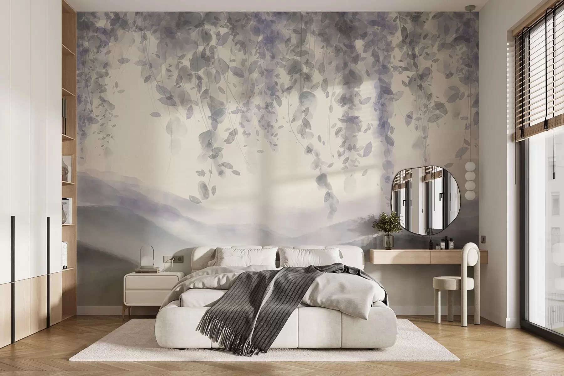 murais de parede Folhas de glicínias penduradas sobre montanhas azuladas, cores suaves de azul pastel e cinzento, paisagem em estilo aguarela w08909