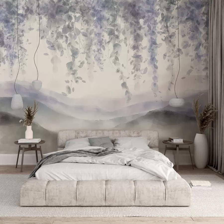 murais de parede Folhas de glicínias penduradas sobre montanhas azuladas, cores suaves de azul pastel e cinzento, paisagem em estilo aguarela w08909