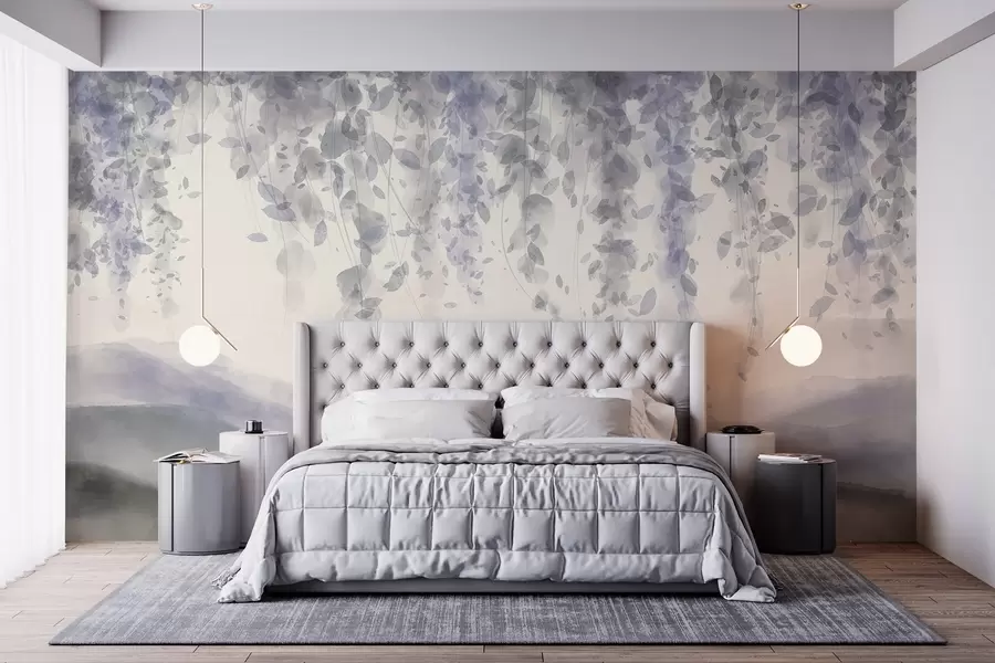 murais de parede Folhas de glicínias penduradas sobre montanhas azuladas, cores suaves de azul pastel e cinzento, paisagem em estilo aguarela w08909
