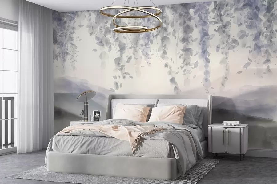 murais de parede Folhas de glicínias penduradas sobre montanhas azuladas, cores suaves de azul pastel e cinzento, paisagem em estilo aguarela w08909