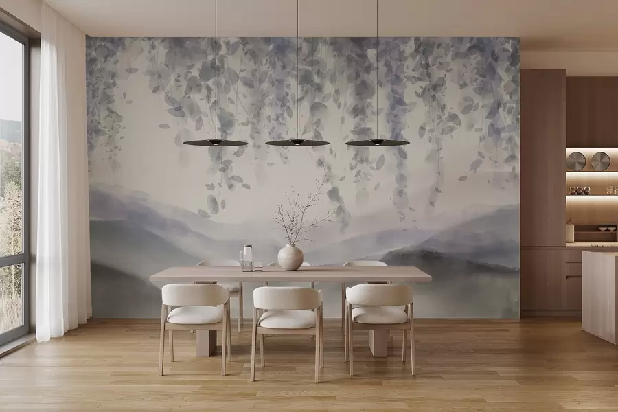 murais de parede Folhas de glicínias penduradas sobre montanhas azuladas, cores suaves de azul pastel e cinzento, paisagem em estilo aguarela w08909