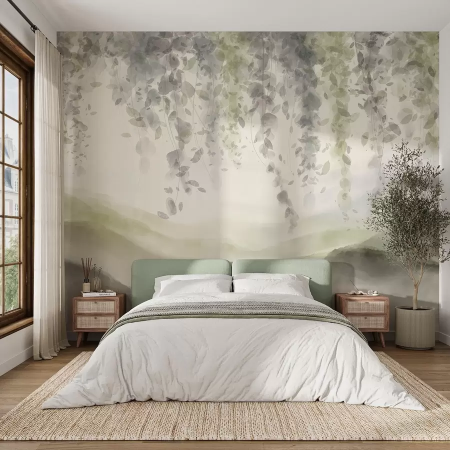 murais de parede Folhas de glicínias penduradas sobre montanhas azuladas, cores pastel suaves de verde e bege, paisagem em estilo aguarela w08909v2