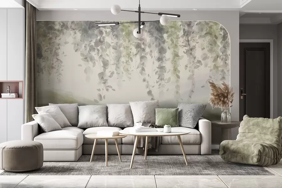 murais de parede Folhas de glicínias penduradas sobre montanhas azuladas, cores pastel suaves de verde e bege, paisagem em estilo aguarela w08909v2
