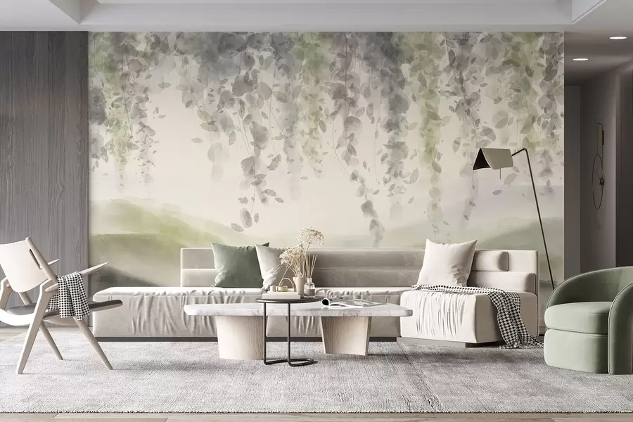 murais de parede Folhas de glicínias penduradas sobre montanhas azuladas, cores pastel suaves de verde e bege, paisagem em estilo aguarela w08909v2