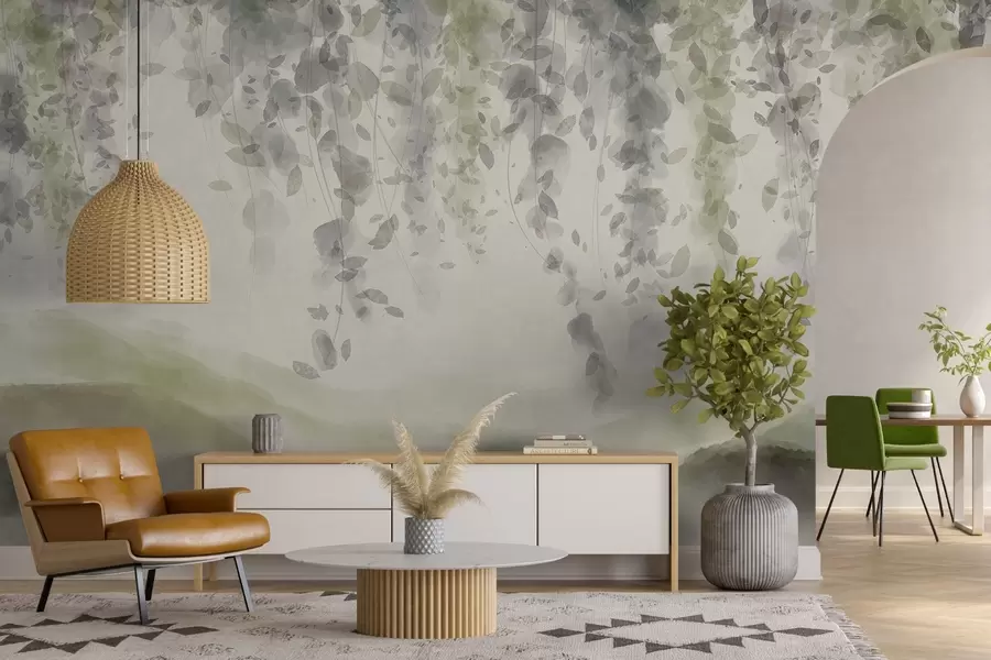 murais de parede Folhas de glicínias penduradas sobre montanhas azuladas, cores pastel suaves de verde e bege, paisagem em estilo aguarela w08909v2