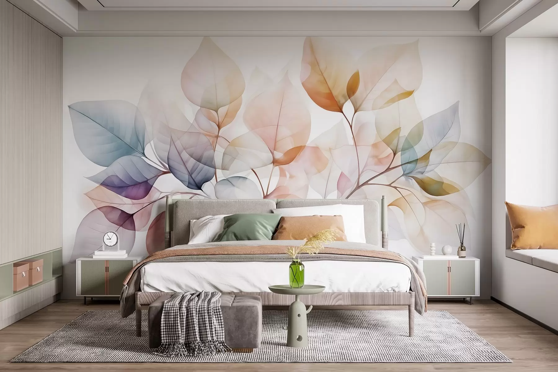 murais de parede Pintura a aguarela de folhas translúcidas em cores pastel, com tons de rosa, branco, roxo e azul w08910