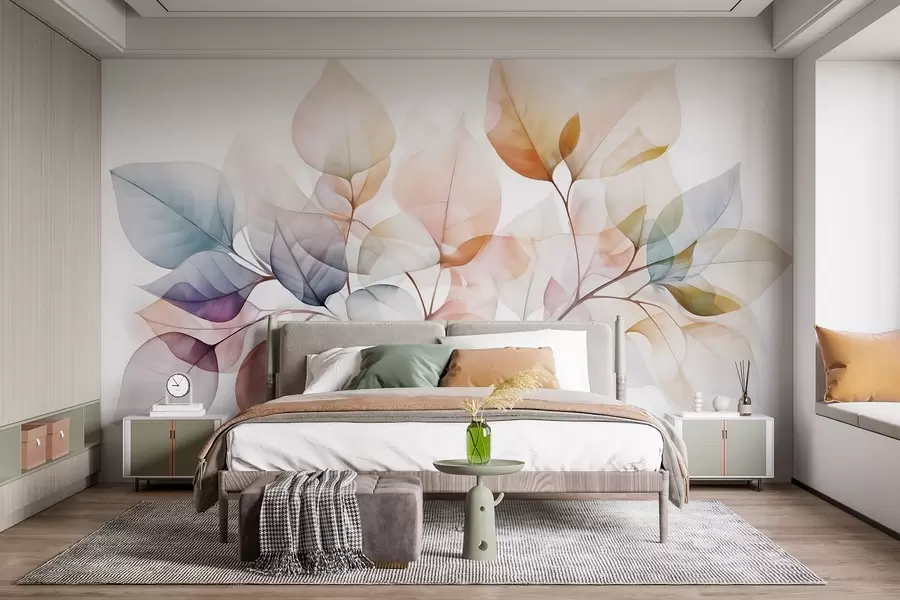 murais de parede Pintura a aguarela de folhas translúcidas em cores pastel, com tons de rosa, branco, roxo e azul w08910