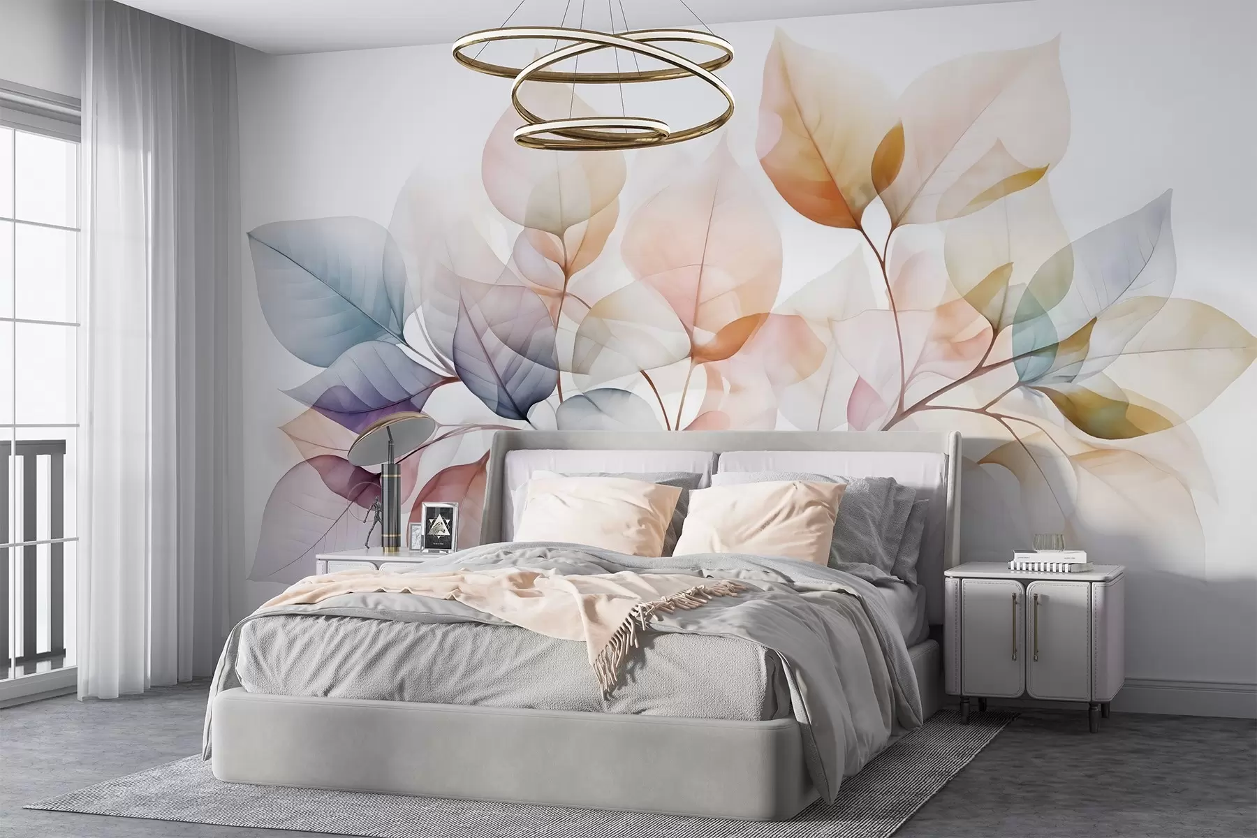 murais de parede Pintura a aguarela de folhas translúcidas em cores pastel, com tons de rosa, branco, roxo e azul w08910