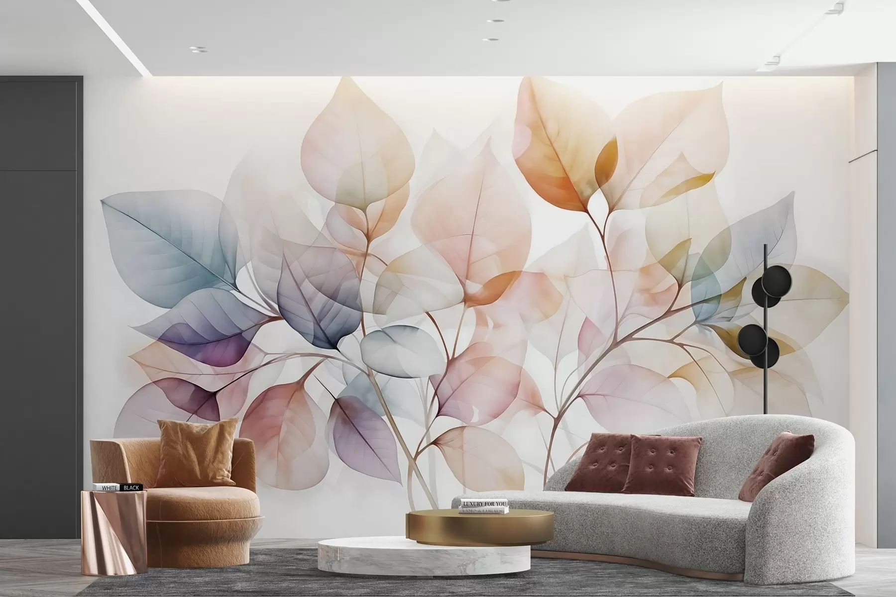 murais de parede Pintura a aguarela de folhas translúcidas em cores pastel, com tons de rosa, branco, roxo e azul w08910
