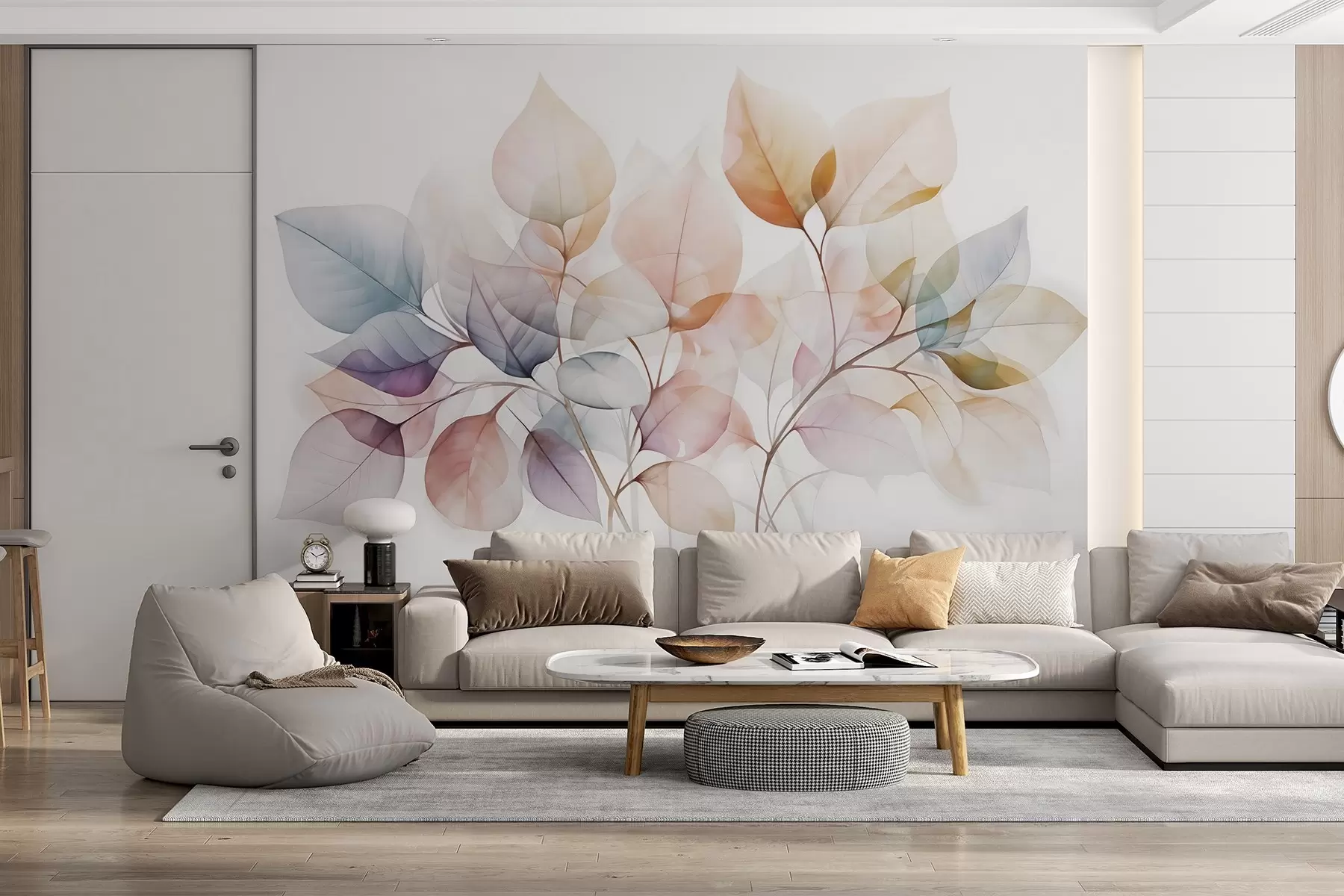 murais de parede Pintura a aguarela de folhas translúcidas em cores pastel, com tons de rosa, branco, roxo e azul w08910
