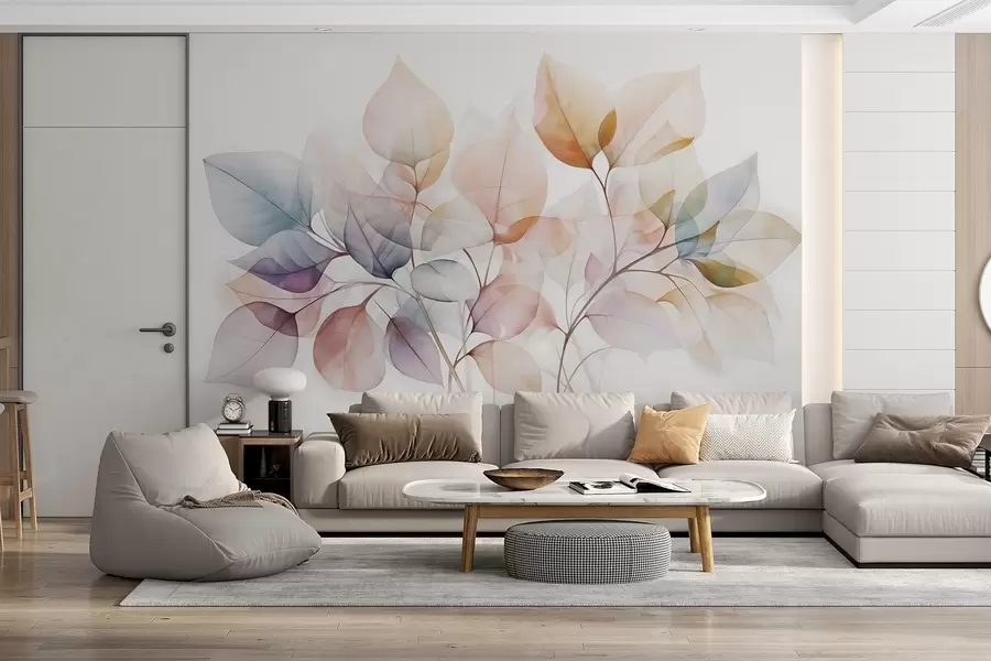 murais de parede Pintura a aguarela de folhas translúcidas em cores pastel, com tons de rosa, branco, roxo e azul w08910