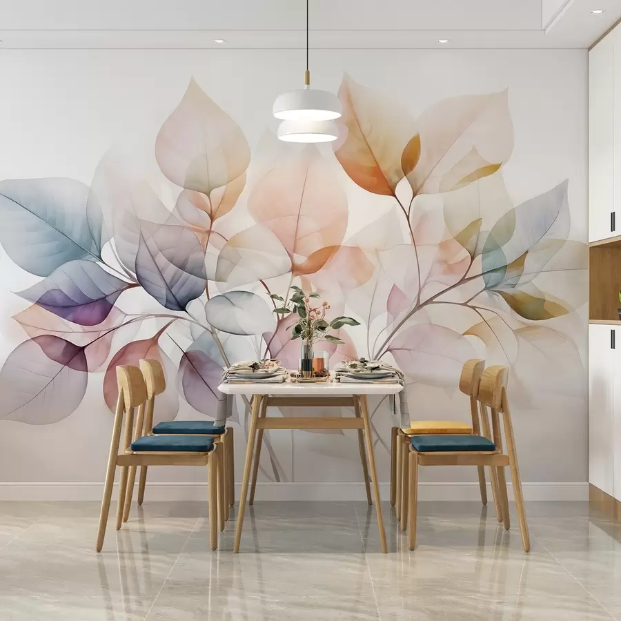 murais de parede Pintura a aguarela de folhas translúcidas em cores pastel, com tons de rosa, branco, roxo e azul w08910