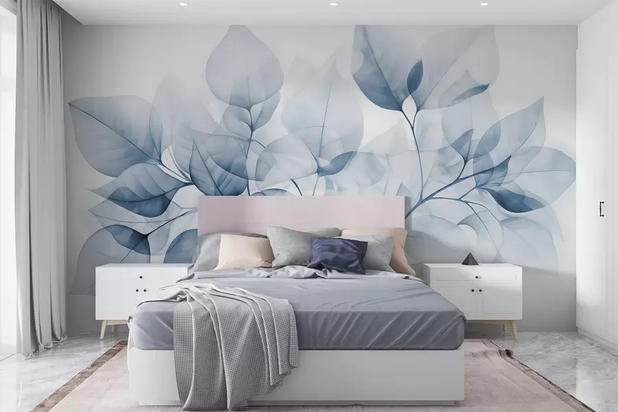 murais de parede Pintura a aguarela de folhas translúcidas em cores pastel, com tons de branco e azul w08910v1