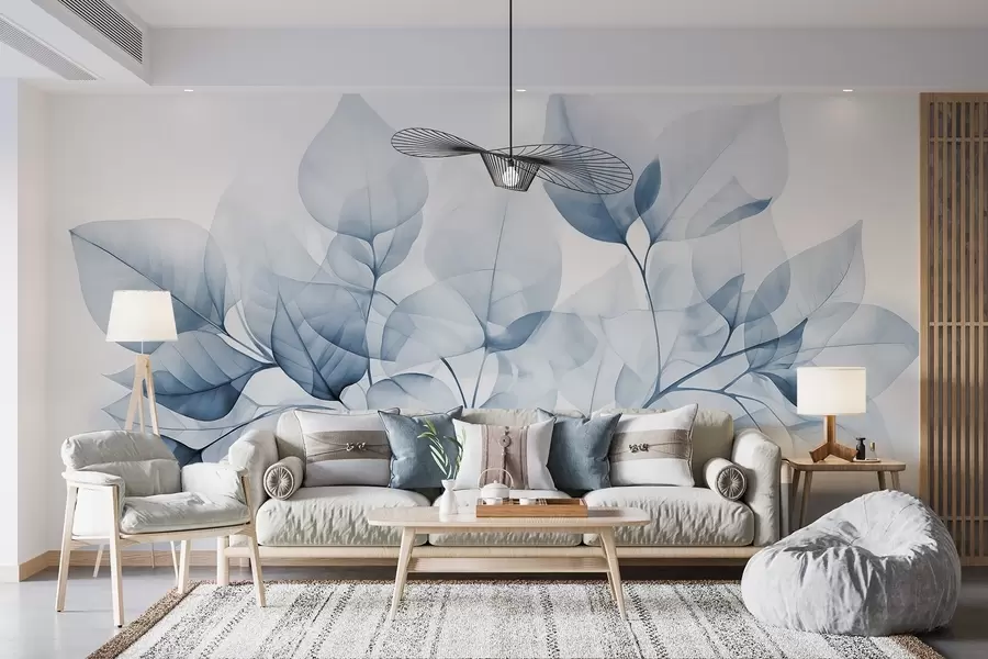 murais de parede Pintura a aguarela de folhas translúcidas em cores pastel, com tons de branco e azul w08910v1