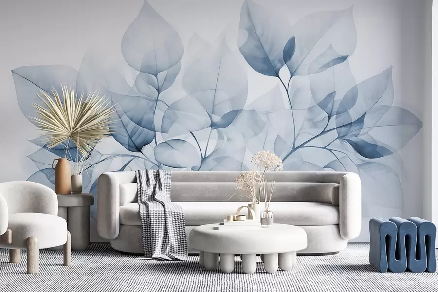 murais de parede Pintura a aguarela de folhas translúcidas em cores pastel, com tons de branco e azul w08910v1