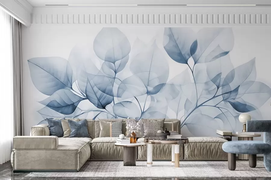 murais de parede Pintura a aguarela de folhas translúcidas em cores pastel, com tons de branco e azul w08910v1