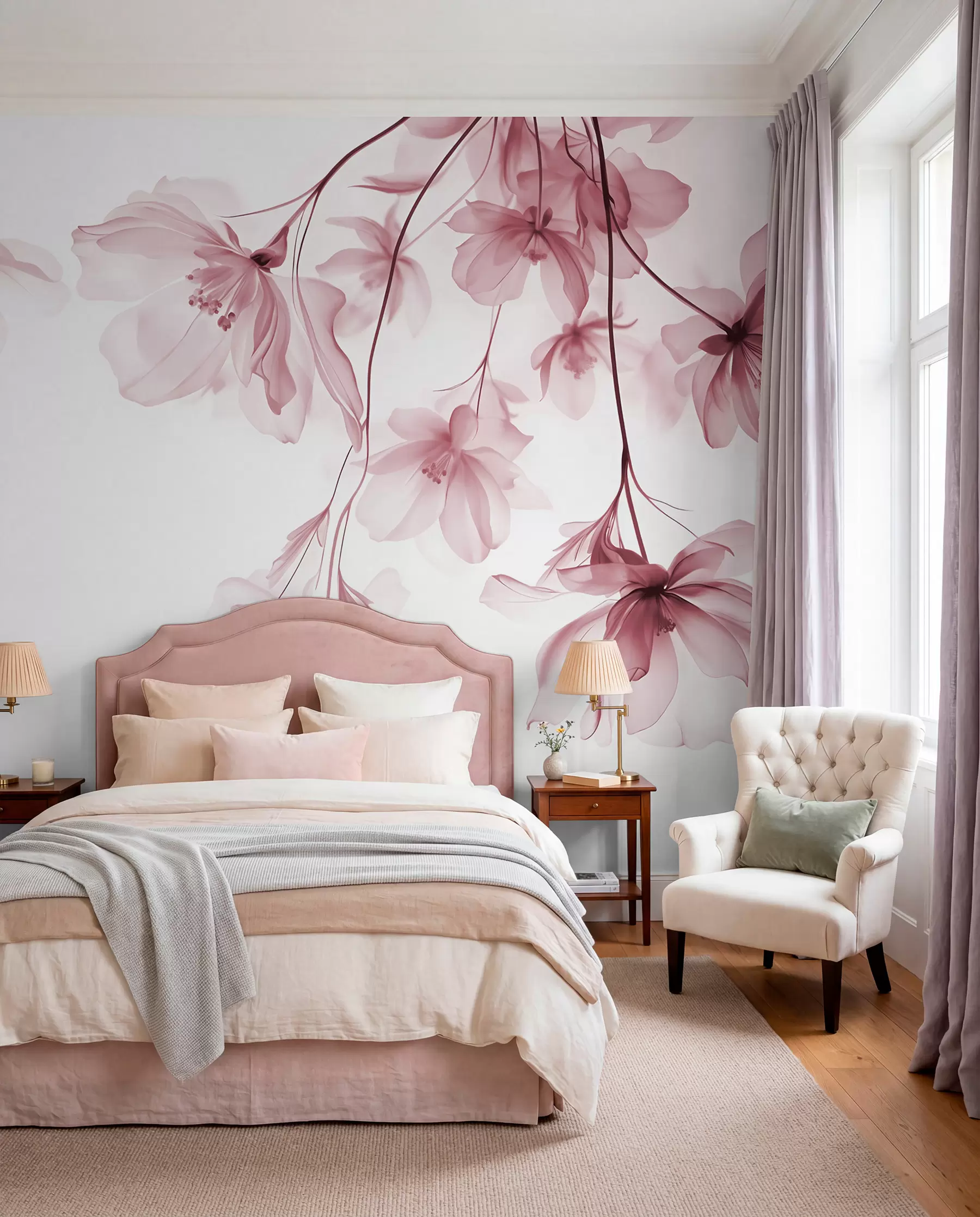 murais de parede Flores cor-de-rosa com pétalas translúcidas penduradas num ramo, cor-de-rosa e branco, composição de arte moderna minimalista w08911v2