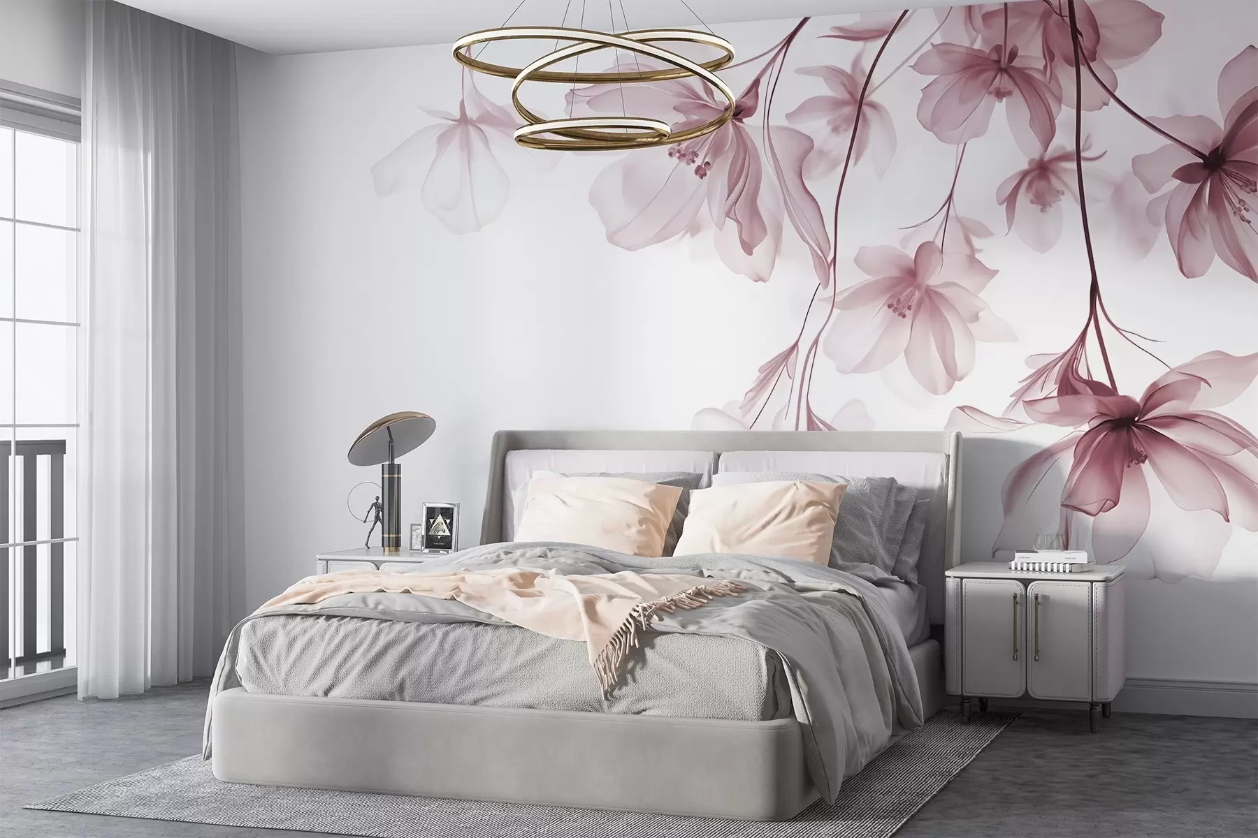 murais de parede Flores cor-de-rosa com pétalas translúcidas penduradas num ramo, cor-de-rosa e branco, composição de arte moderna minimalista w08911v2
