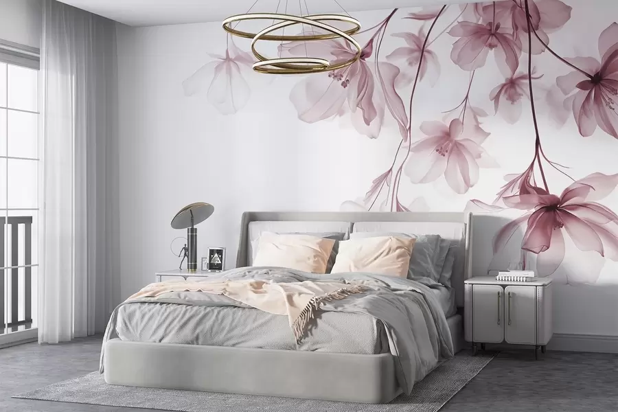 murais de parede Flores cor-de-rosa com pétalas translúcidas penduradas num ramo, cor-de-rosa e branco, composição de arte moderna minimalista w08911v2