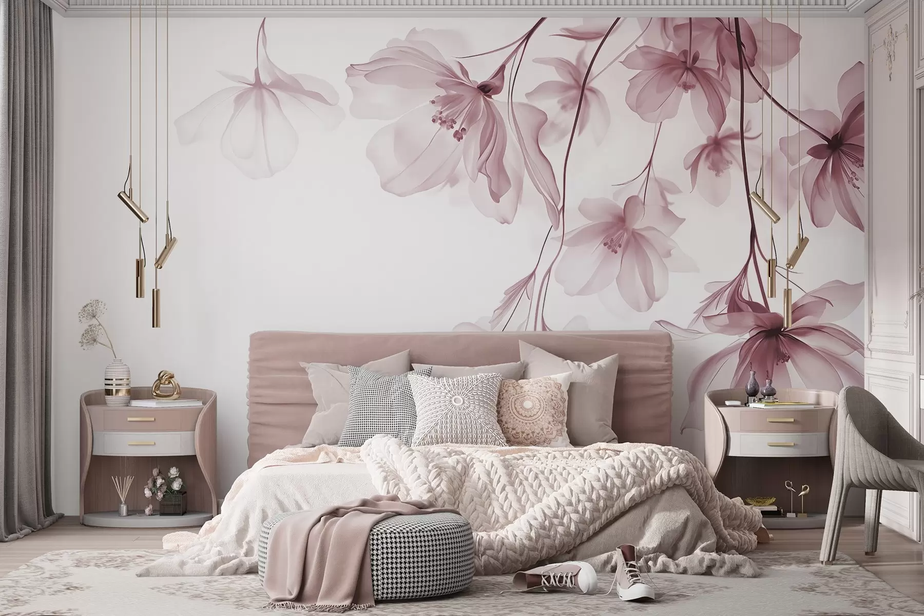 murais de parede Flores cor-de-rosa com pétalas translúcidas penduradas num ramo, cor-de-rosa e branco, composição de arte moderna minimalista w08911v2