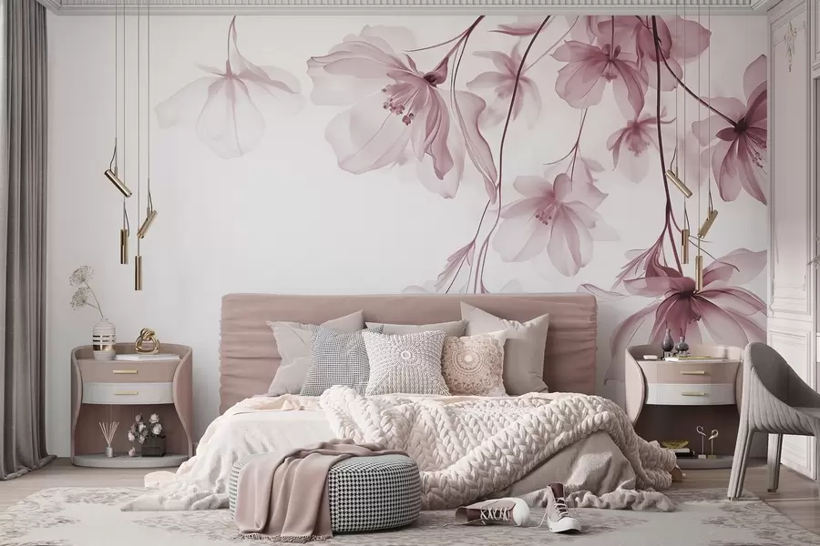 murais de parede Flores cor-de-rosa com pétalas translúcidas penduradas num ramo, cor-de-rosa e branco, composição de arte moderna minimalista w08911v2