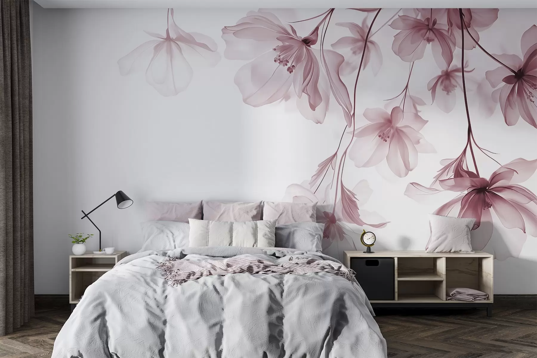 murais de parede Flores cor-de-rosa com pétalas translúcidas penduradas num ramo, cor-de-rosa e branco, composição de arte moderna minimalista w08911v2