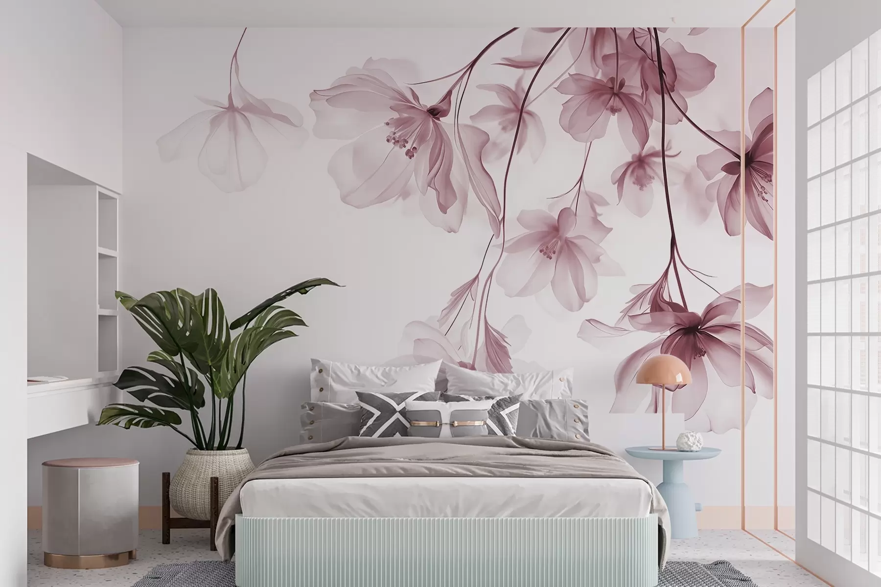 murais de parede Flores cor-de-rosa com pétalas translúcidas penduradas num ramo, cor-de-rosa e branco, composição de arte moderna minimalista w08911v2