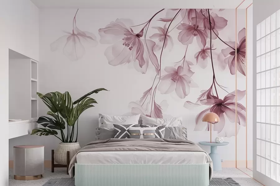 murais de parede Flores cor-de-rosa com pétalas translúcidas penduradas num ramo, cor-de-rosa e branco, composição de arte moderna minimalista w08911v2